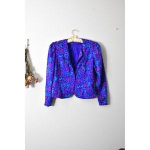 Adrianna Papell Vintage 80s 100% Silk Blazer Purple Floral Damask Puff Shoulder image 1