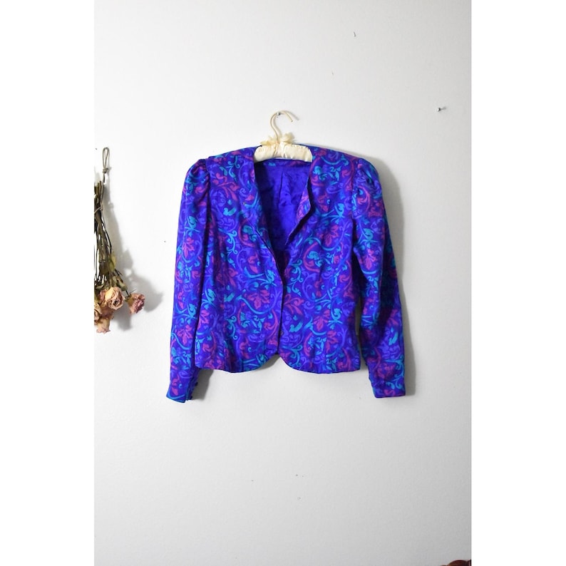 Adrianna Papell Vintage 80s 100% Silk Blazer Purple Floral Damask Puff Shoulder image 1