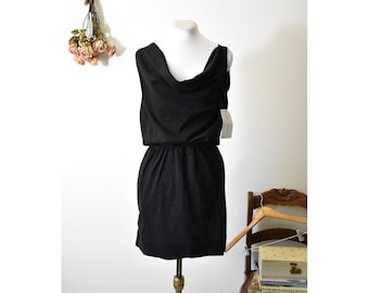 Vintage 70s Milano New York Black Cotton Cowl Neck Blouson Mini Dress Small