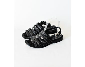 Vintage Black Woven Leather Multi Strap Gladiator Sandals Slingback Flat 39