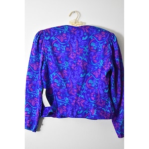 Adrianna Papell Vintage 80s 100% Silk Blazer Purple Floral Damask Puff Shoulder image 4