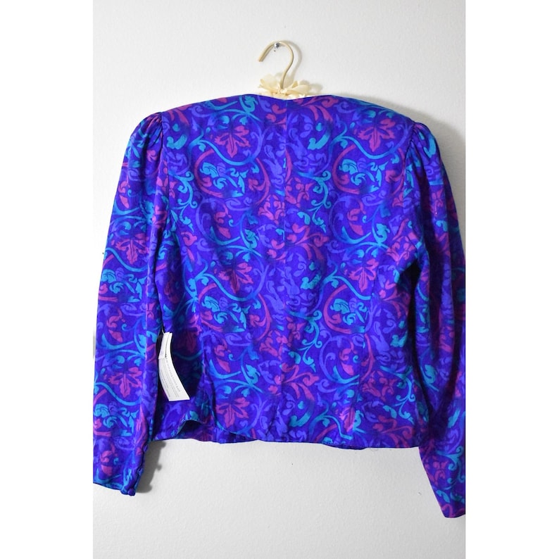 Adrianna Papell Vintage 80s 100% Silk Blazer Purple Floral Damask Puff Shoulder image 4