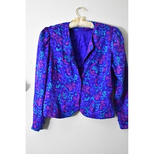 Adrianna Papell Vintage 80s 100% Silk Blazer Purple Floral Damask Puff Shoulder image 2