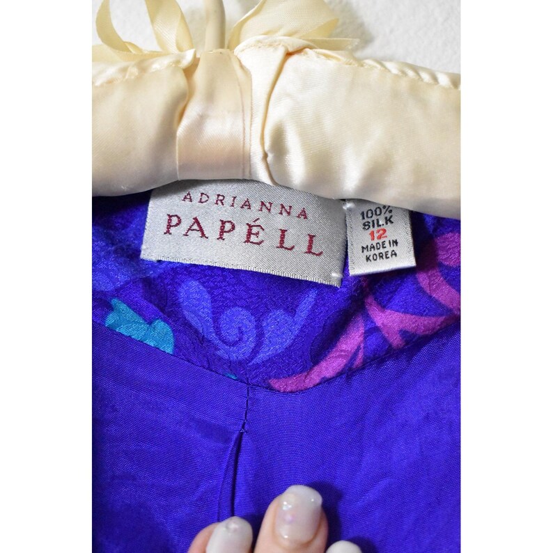 Adrianna Papell Vintage 80s 100% Silk Blazer Purple Floral Damask Puff Shoulder image 5