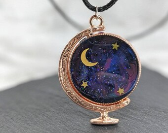 Galaxy Globe Spinner Pendant Necklace. The 'Resin Sparkle' Collection. Witch moon pendant, northern lights, valentine's day gift