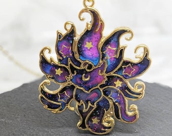 Galaxy Space Fox Pendant Necklace. The 'Galaxy Foxes' Collection. Kawaii golden bezel, space fox bezel necklace, kitsune