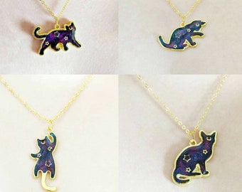 Galaxy Space Cat Pendant Necklace. The 'Galaxy Cats' Collection. Kawaii golden bezel, space cat bezel necklace, gift for kids