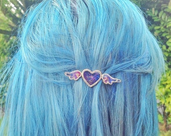 Galaxy Heart with Wings Barrette. The 'Resin Sparkle' Collection. Resin jewellery, boho chic accessories, kawaii heart slider