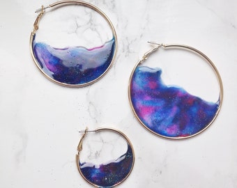 Large Hoop Earrings, Galaxy Pattern. The 'Untamed' Collection. Medium hoop earrings, small hoop earrings, upcycled earrings, resin earrings