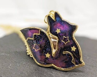 Galaxy Space Fox Pendant Necklace. The 'Galaxy Foxes' Collection. Kawaii golden bezel, space fox bezel necklace, gift for kids, kitsune