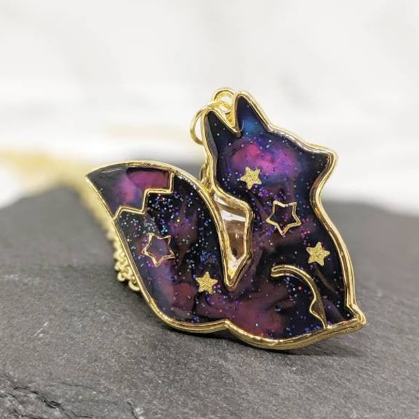 Galaxy Space Fox Pendant Necklace. The 'Galaxy Foxes' Collection. Kawaii golden bezel, space fox bezel necklace, gift for kids, kitsune