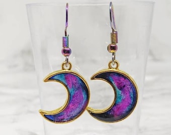 Galaxy Space Half Moon Earrings. The 'Halloween' Collection. Kawaii resin earrings, gift for kids, iridescent earrings, galaxy moon earrings