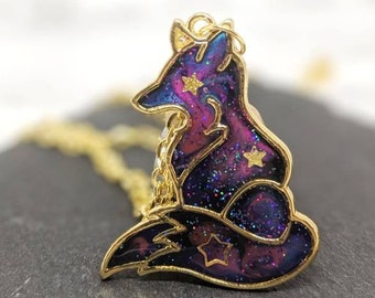 Galaxy Space Fox Pendant Necklace. The 'Galaxy Foxes' Collection. Kawaii golden bezel, space fox bezel necklace, kitsune