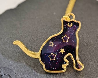 Galaxy Space Cat Pendant Necklace. The 'Galaxy Cats' Collection. Kawaii golden bezel, space cat bezel necklace, gift for kids