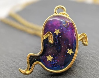 Galaxy Space Ghost Pendant Necklace. The 'Halloween' Collection. Kawaii golden bezel, gift for kids, Halloween ghost charm, goth necklace