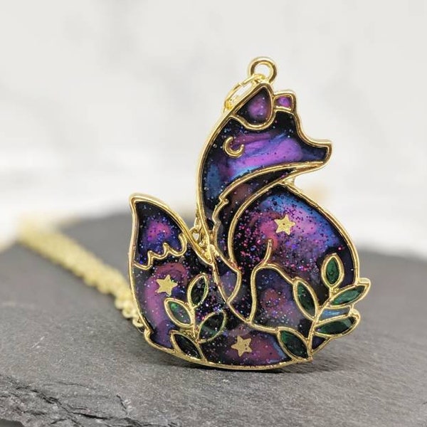 Galaxy Space Fox Pendant Necklace. The 'Galaxy Foxes' Collection. Kawaii golden bezel, space fox necklace, gift for kids, kitsune