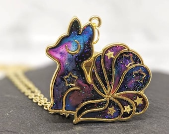 Galaxy Space Fox Pendant Necklace. The 'Galaxy Foxes' Collection. Kawaii golden bezel, space fox bezel necklace, gift for kids, kitsune