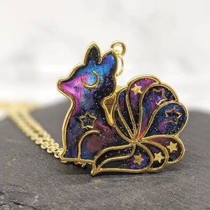 Galaxy Space Fox Pendant Necklace. The 'Galaxy Foxes' Collection. Kawaii golden bezel, space fox bezel necklace, gift for kids, kitsune image 1