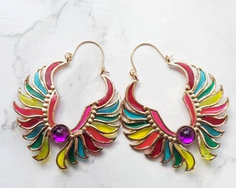 Aztec Ethnic Stained Glass Effect Boho Earrings. The 'Festival' Collection.  Festival fashion, abstract phoenix bird earrings