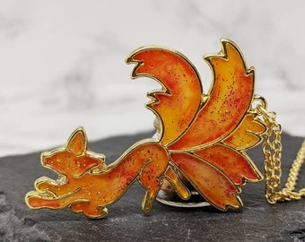 Fire Fox Pendant Necklace. The 'Fire Foxes' Collection. Kawaii golden bezel, magical fox necklace, gift for kids, kitsune