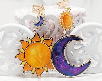 Sun and Moon Mismatch Clip On Earrings. The 'Festival' Collection. Asymmetric earrings, boho chic earrings, stained glass effect
