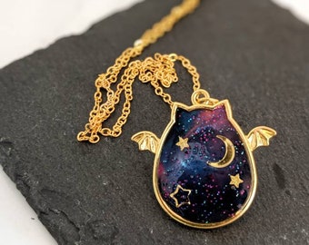 Galaxy Space Cat Pendant Necklace. The 'Galaxy Cats' Collection. Kawaii golden bezel, space cat bezel necklace, gift for kids