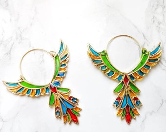 Aztec Ethnic Stained Glass Effect Boho Earrings. The 'Festival' Collection.  Festival fashion, abstract phoenix bird earrings
