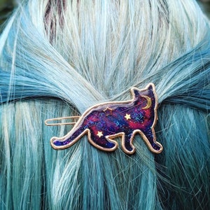 Galaxy Space Cat Hair Barrette. The 'Galaxy Cats' Collection. Kawaii hair clip, space cat accessories, cat hair pin image 1