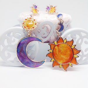 Sun and Moon Mismatch Earrings. The 'Festival' Collection. Asymmetric earrings, boho chic earrings, stained glass effect earrings