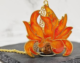 Fire Fox Pendant Necklace. The 'Fire Foxes' Collection. Kawaii golden bezel, magical fox necklace, gift for kids, kitsune