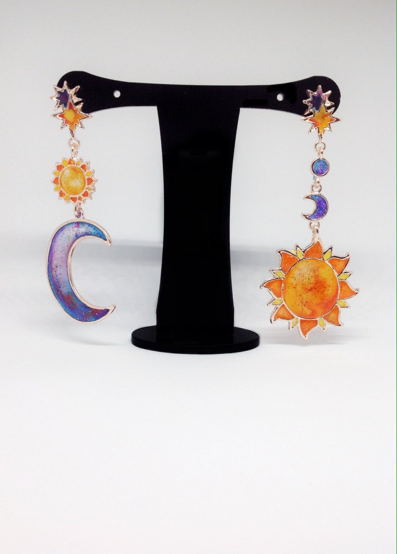 Sun and Moon Mismatch Earrings. The 'Festival' Collection. Asymmetric earrings, boho chic earrings, stained glass effect earrings image 2