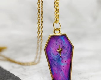 Galaxy Space Coffin Pendant Necklace. The 'Halloween' Collection. Kawaii golden bezel, gift for kids, resin coffin, goth necklace
