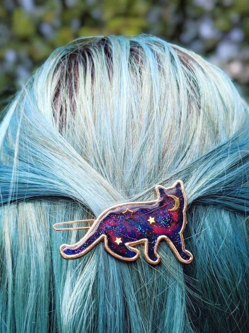 Galaxy Space Cat Hair Barrette. The 'Galaxy Cats' Collection. Kawaii hair clip, space cat accessories, cat hair pin image 1