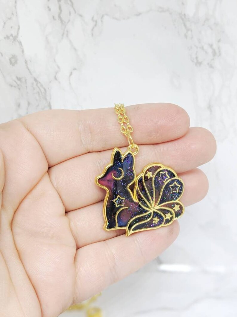 Galaxy Space Fox Pendant Necklace. The 'Galaxy Foxes' Collection. Kawaii golden bezel, space fox bezel necklace, gift for kids, kitsune image 3