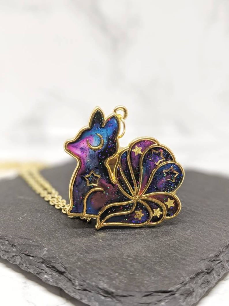 Galaxy Space Fox Pendant Necklace. The 'Galaxy Foxes' Collection. Kawaii golden bezel, space fox bezel necklace, gift for kids, kitsune image 1