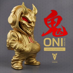 May include: A gold-colored Oni figure with red eyes, wearing a hoodie and headphones. The figure has horns and a menacing mask. The text "ONI VER/02" and "LIMITED TO 250 PIECES" are visible.
