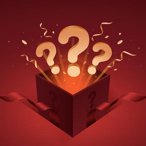 May include: Illustration of a red gift box with three large question marks emerging from it. The box is open, with light and confetti bursting out. Red ribbons extend from the box, set against a red background.