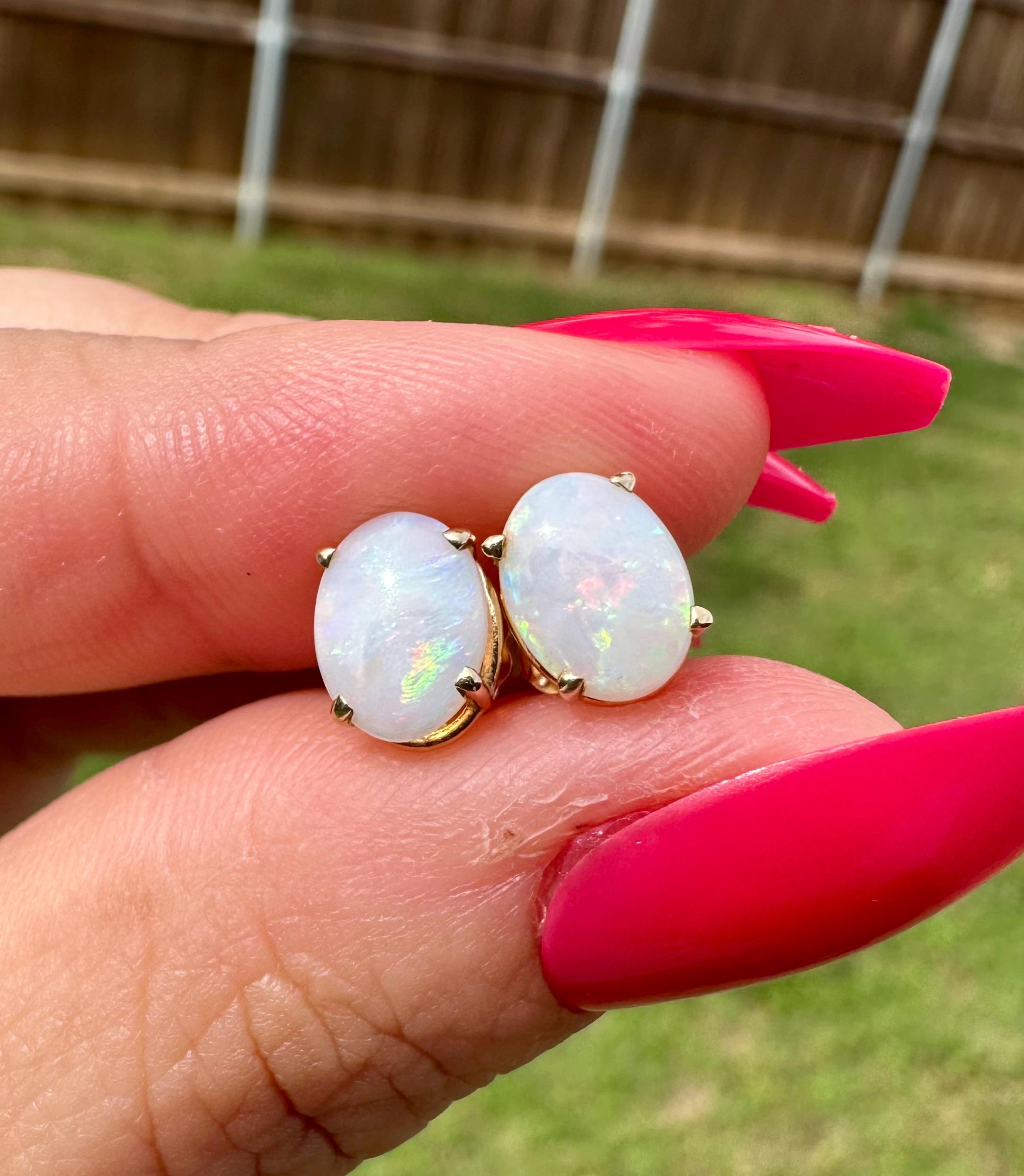 Estate White Opal Solid 14k Yellow Gold Studs Earrings