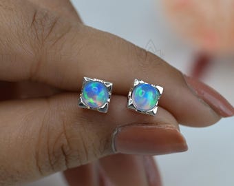 Blue Fire Opal Stud Earrings Sterling Silver Opal Studs Women Dainty Rainbow fire Opal 6mm Studs Personalized Earrings Gift Anniversary Gift