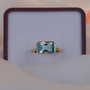 Radiant Cut Solitaire Aquamarine Ring, East West Ring, Personalized Gemstone Ring, 925 Sterling Silver, March Birthstone, Gift For Her