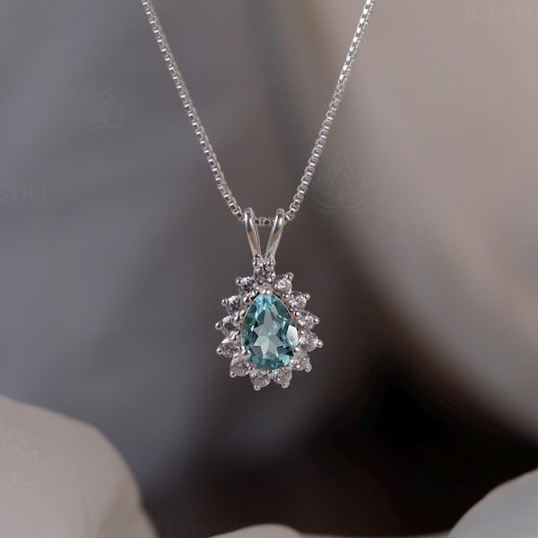 Solitaire Aquamarine Pendant, Pear Cut Halo Necklace, Gift for Girlfriend, 18k Gold Vermeil, Luxury Halo Amethyst Pendant Box Chain Necklace