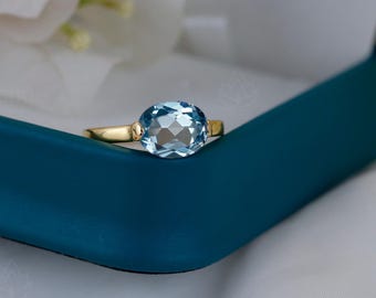 Zeeblauwe aquamarijn solitaire ring, 18k gouden ovale ring East West, massief 925 sterlingzilveren ring met directe riek, geboortesteen maart, cadeau voor haar