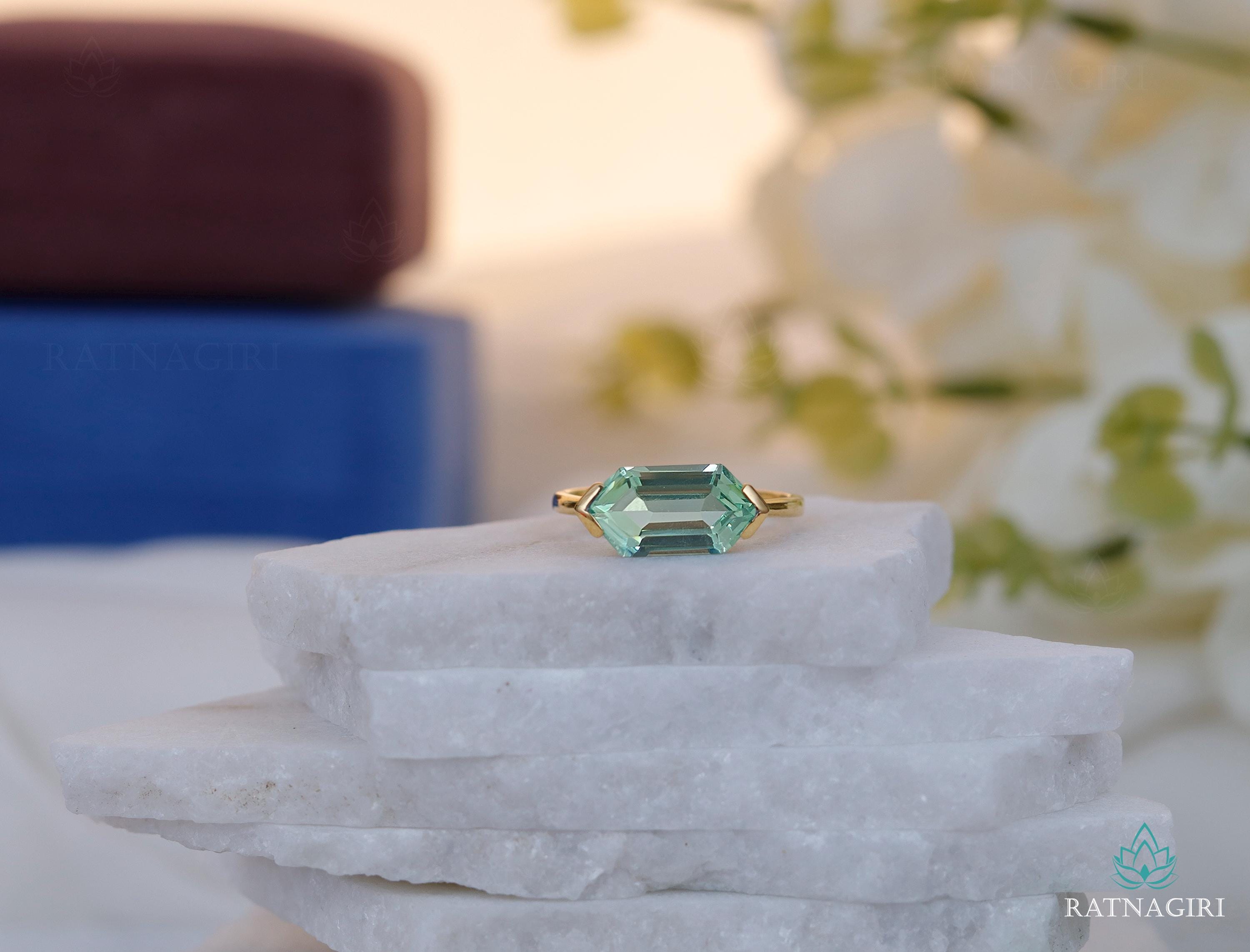 Half Bezel Set 14x7 Hexagon Cut Green Amethyst Ring, 18k Gold Vermeil Wedding Ring, February Birthstone