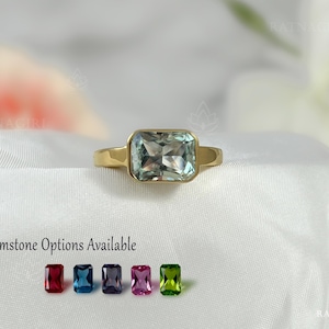 Ring med strålande slipning i grön ametist, 18k guld vermeil massivt band, East West 925 sterlingsilver handgjord, unisexring, jubileumspresent