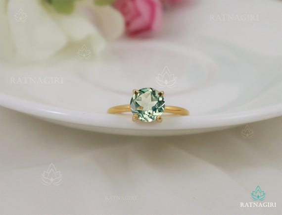 Green Amethyst 8 mm Round Solitaire Ring, 18k Gold Vermeil Women Ring, Anniversary Gift for Her, Delicate Everyday Ring, 925 Silver Handmade