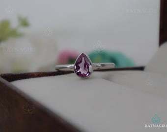 Dainty Alexandrite Solitaire Ring, 5 x 7 Pear Cut 925 Silver Handcrafted Ring, 18k Gold Vermeil Stacking Ring Women Minimalist Everyday Ring