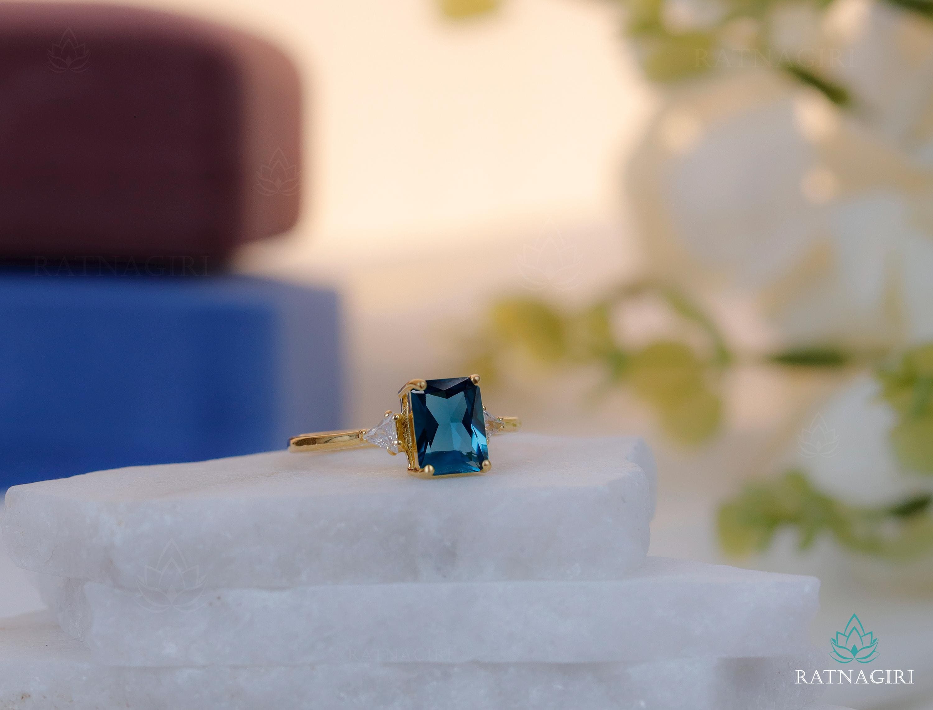 Radiant Cut London Blue Topaz Ring, 18k Gold Vermeil, 925 Silver 