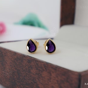 Amethyst Pear 18k Gold Vermeil Stud Earrings, 925 Solid Silver Bezel Stud Earrings, Minimalist Pierced Earrings, February Birthstone Crystal