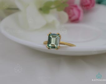 Handcrafted Emerald Cut Green Amethyst Ring, 18k Gold Vermeil