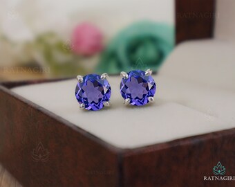 Tanzanite 8mm Round Stud Earring in 18k Gold Vermeil, Anniversary Gift Earrings For Her, Fine Handcrafted Women Pierced Silver Stud Earrings